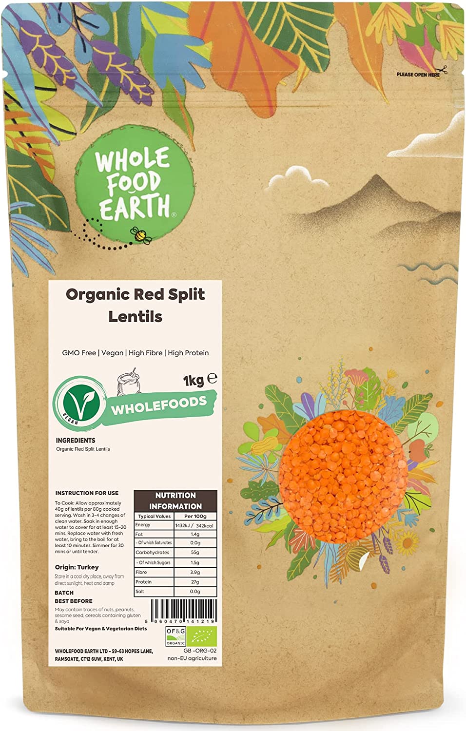 Wholefood Earth Organic Red Split Lentils 1kg (Oct 22) RRP £10.95 CLEARANCE XL £6.99